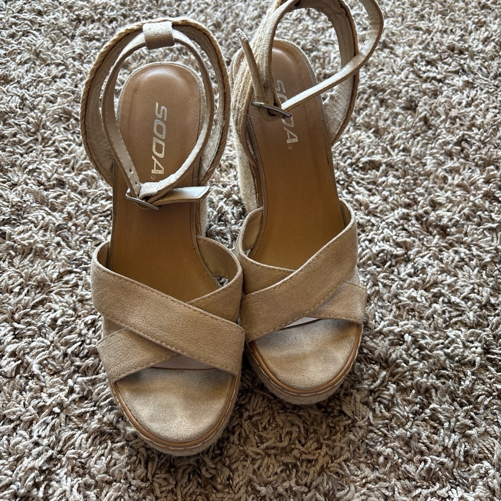 Soda Tan Wedge Sandals with Ankle Strap